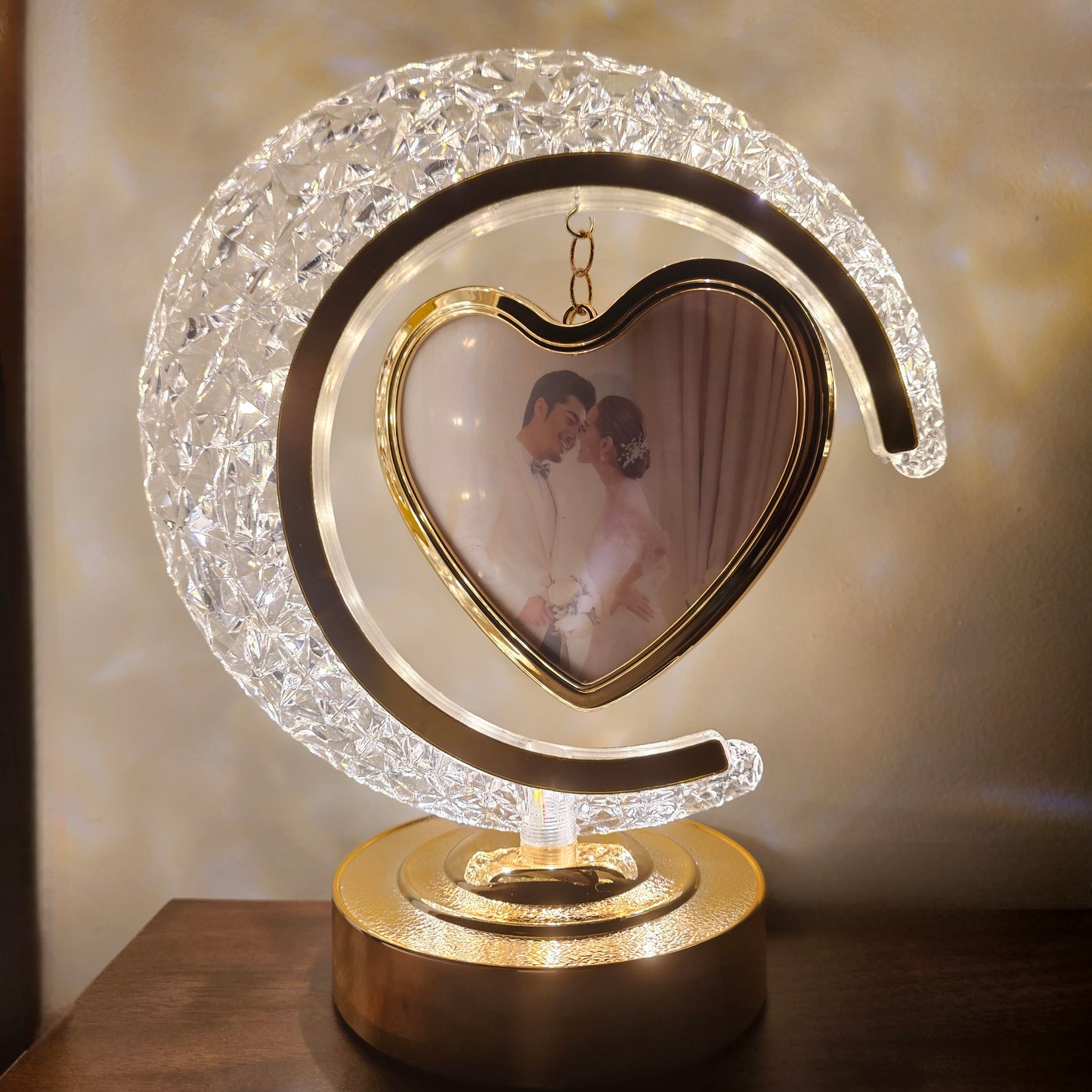 The Flair Store™ Half Moon Crystal LED Light with Heart Shape Photo Frame| Valentines Gift| Anniversary Gift | 3Level Brightness | USB Powered | Touch Control.