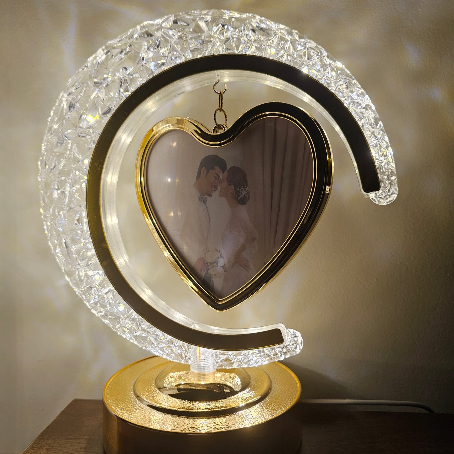 The Flair Store™ Half Moon Crystal LED Light with Heart Shape Photo Frame| Valentines Gift| Anniversary Gift | 3Level Brightness | USB Powered | Touch Control.