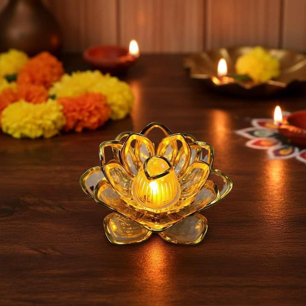 The Flair Store™ Gold Lotus Flower LED Tealight Candle for Diwali Festival