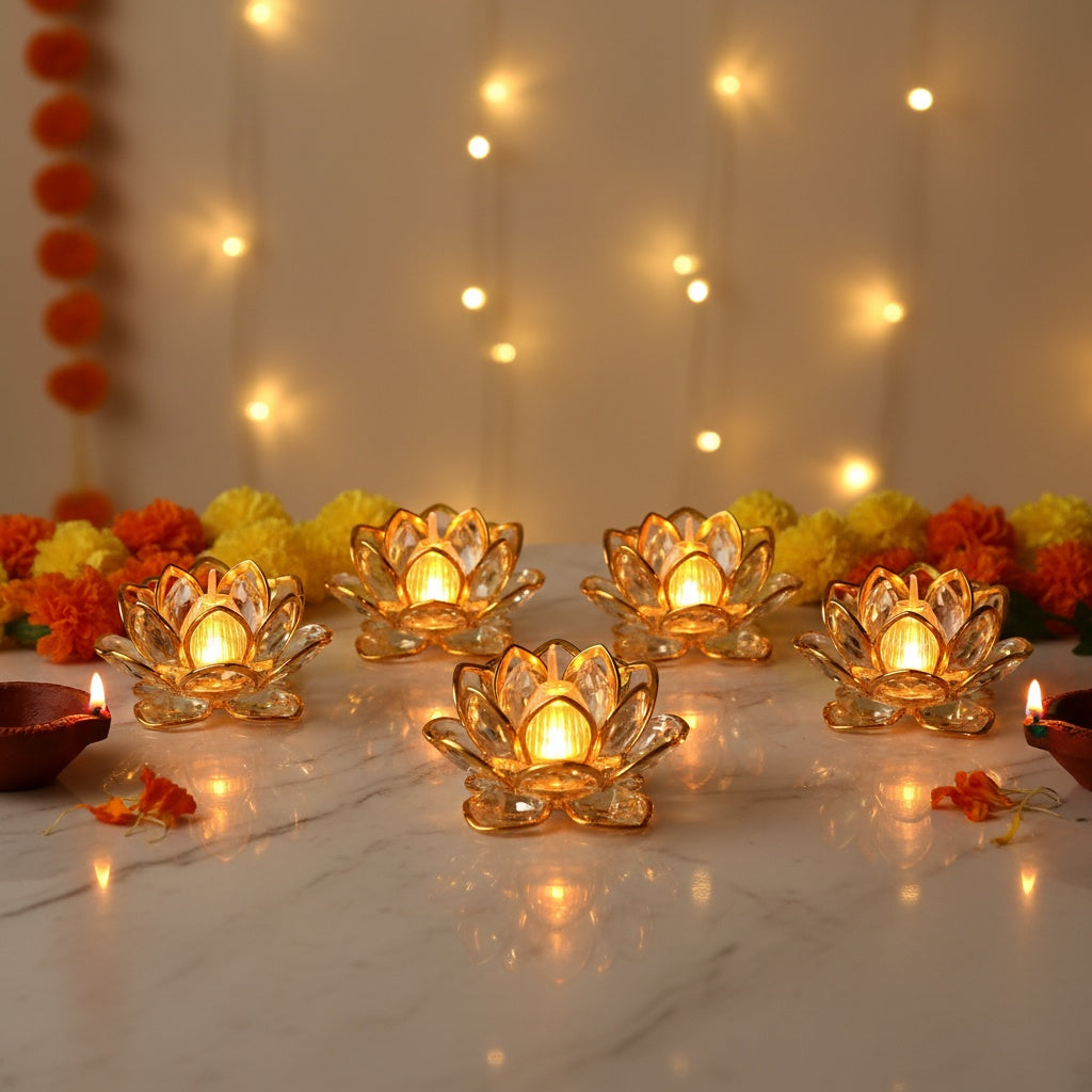 The Flair Store™ Gold Lotus Flower LED Tealight Candle for Diwali Festival