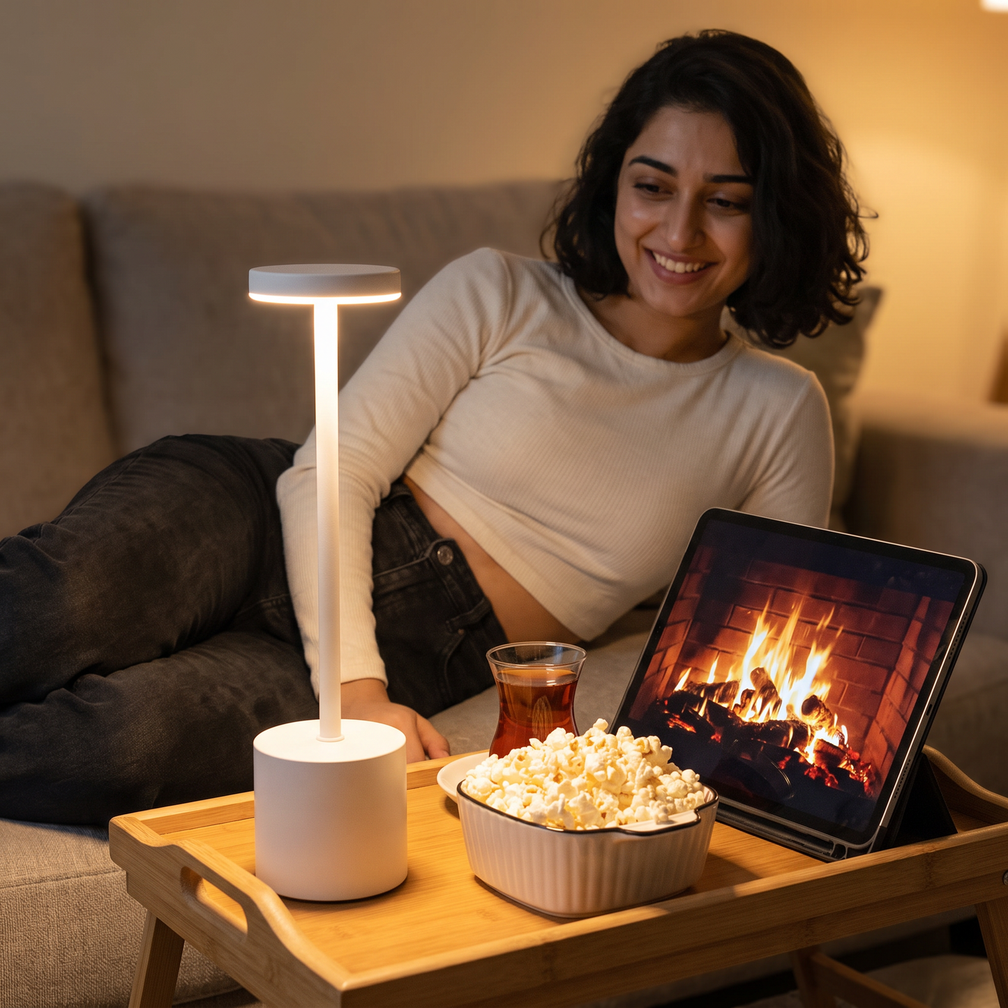 The Flair Store™ Round Stand LED Metal Table Lamp with Touch Control | Rechargeable Wireless Desk Lamp | Dimmable Warm Light (White)