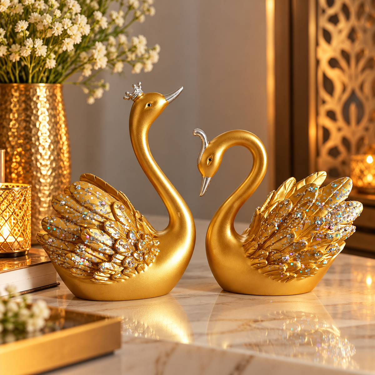 Lucky Swan Couple crystal wings showpiece for Home Living room Decor (Set of 2 Pc) (MEDIUM) (Gold)