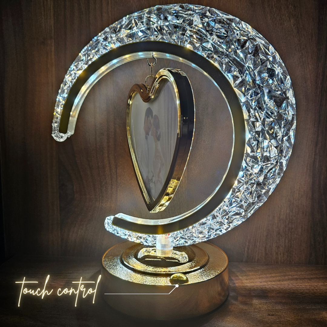 The Flair Store™ Half Moon Crystal LED Light with Heart Shape Photo Frame| Valentines Gift| Anniversary Gift | 3Level Brightness | USB Powered | Touch Control.