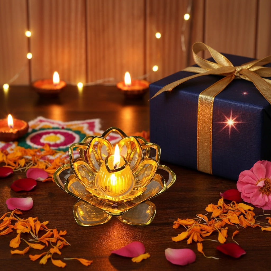 The Flair Store™ Gold Lotus Flower LED Tealight Candle for Diwali Festival