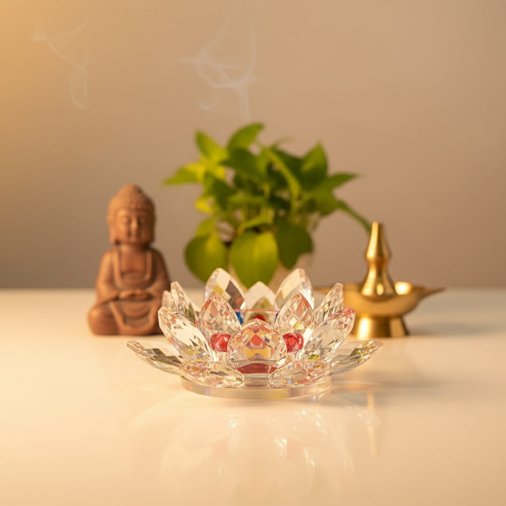 The Flair Store™ Multicolor Crystal Lotus Fengshui for Positive Energy, Glass Kamal Flower for Vaastu, Love, Harmony