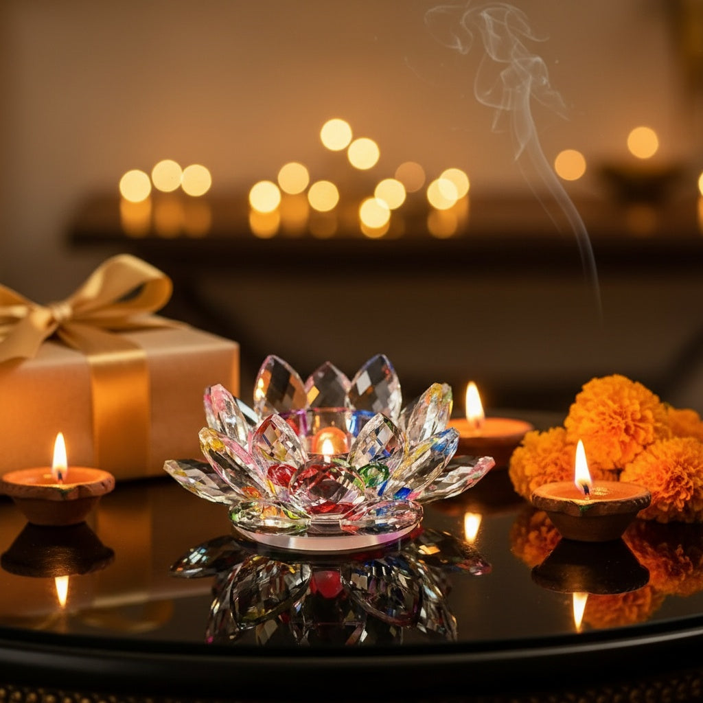 The Flair Store™ Multicolor Crystal Lotus Fengshui for Positive Energy, Glass Kamal Flower for Vaastu, Love, Harmony