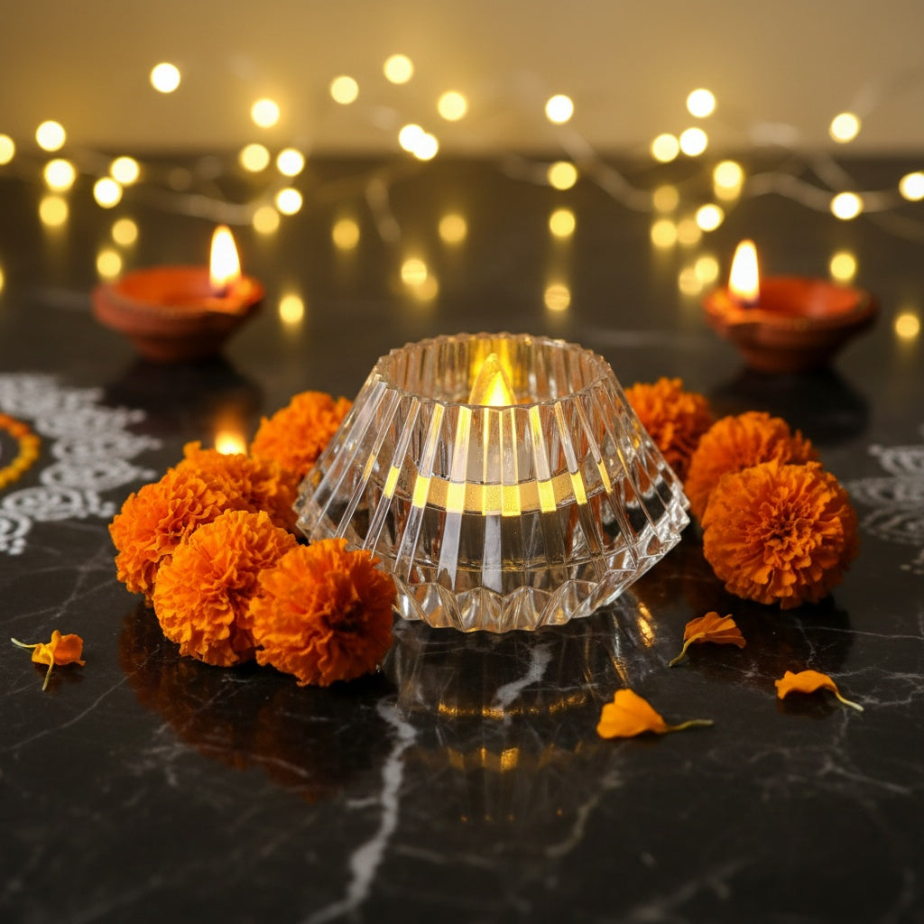 The Flair Store™ Crystal Diamond Shaped LED Diya for Diwali, Festivals, Puja & Luxe Home Decor