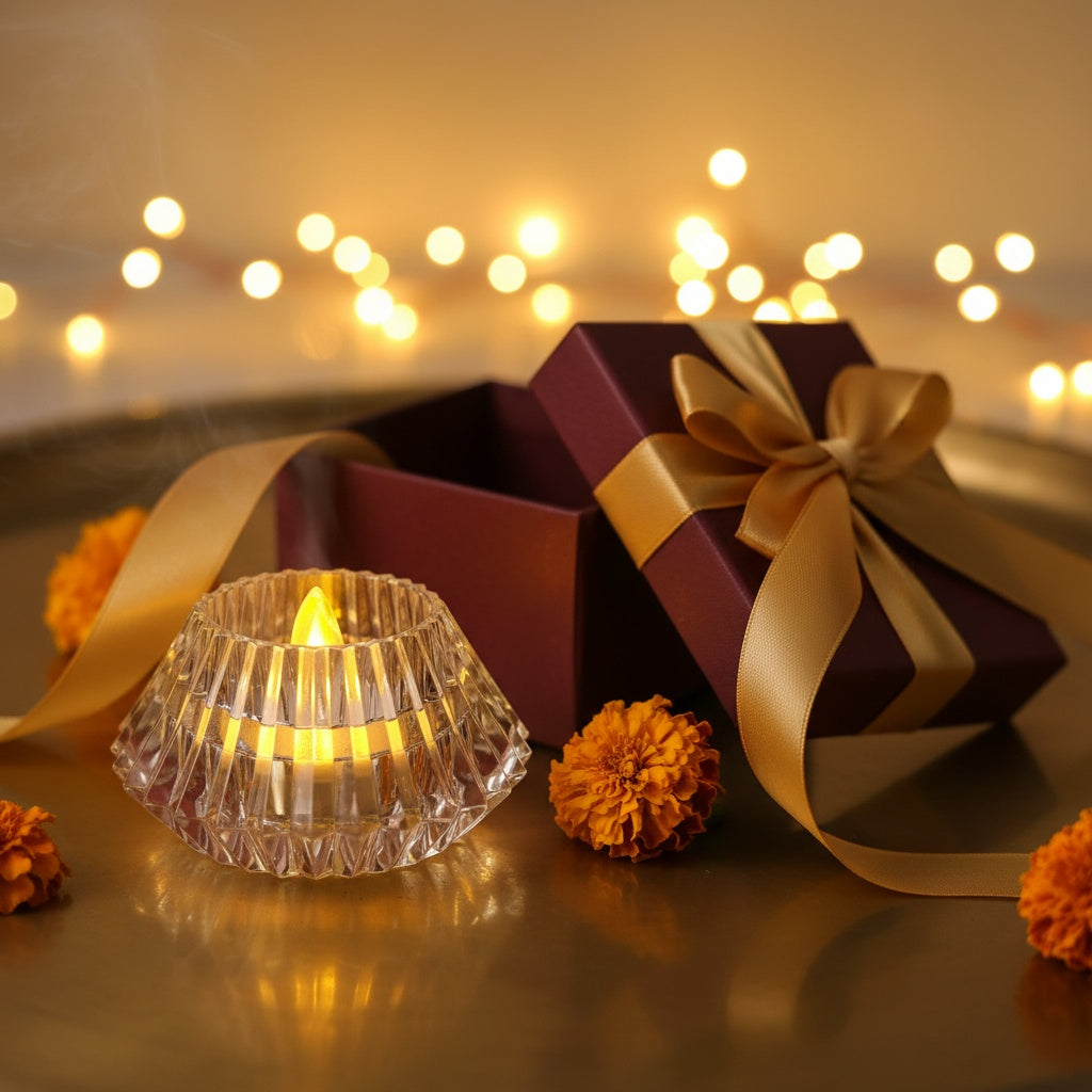 The Flair Store™ Crystal Diamond Shaped LED Diya for Diwali, Festivals, Puja & Luxe Home Decor