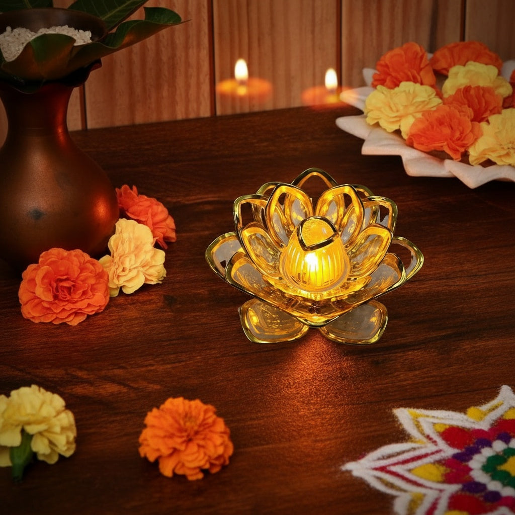 The Flair Store™ Gold Lotus Flower LED Tealight Candle for Diwali Festival