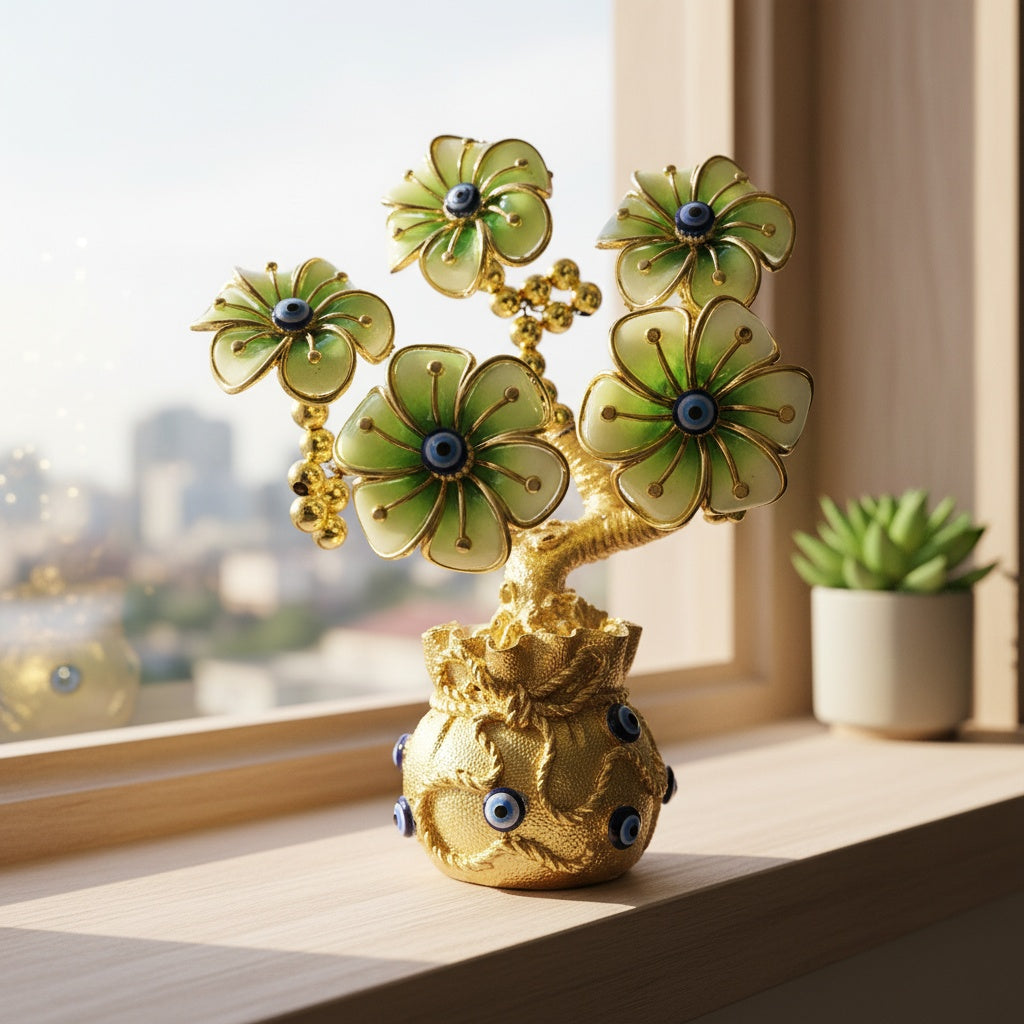 The Flair Store™ Evil Eye Flowers Tree with Money Bag, Fengshui for Positive Energy, Najar Suraksha for Vaastu, Love Prosperity, Peace