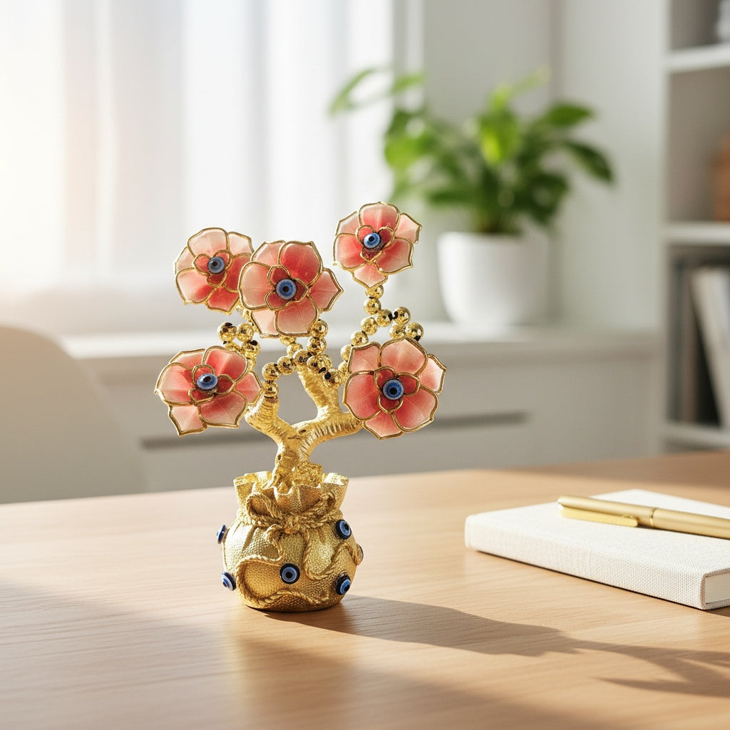 The Flair Store™ Evil Eye Flowers Tree with Money Bag, Fengshui for Positive Energy, Najar Suraksha for Vaastu, Love Prosperity, Peace
