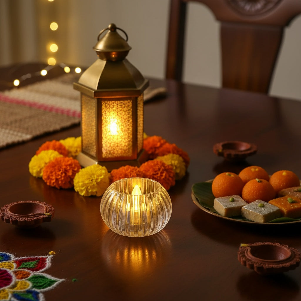 The Flair Store™ Crystal Round LED Diya for Home Décor, Festivals & Pooja, Diwali & Gifting
