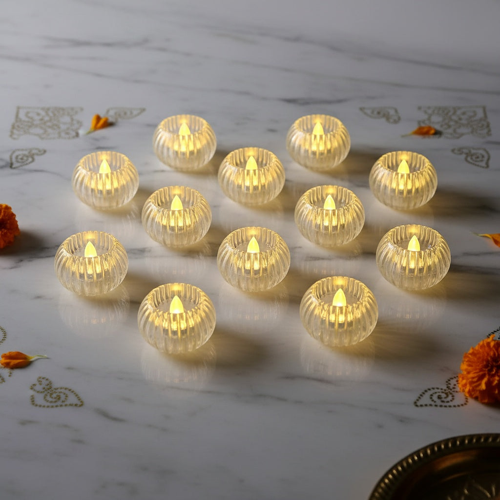 The Flair Store™ Crystal Round LED Diya for Home Décor, Festivals & Pooja, Diwali & Gifting