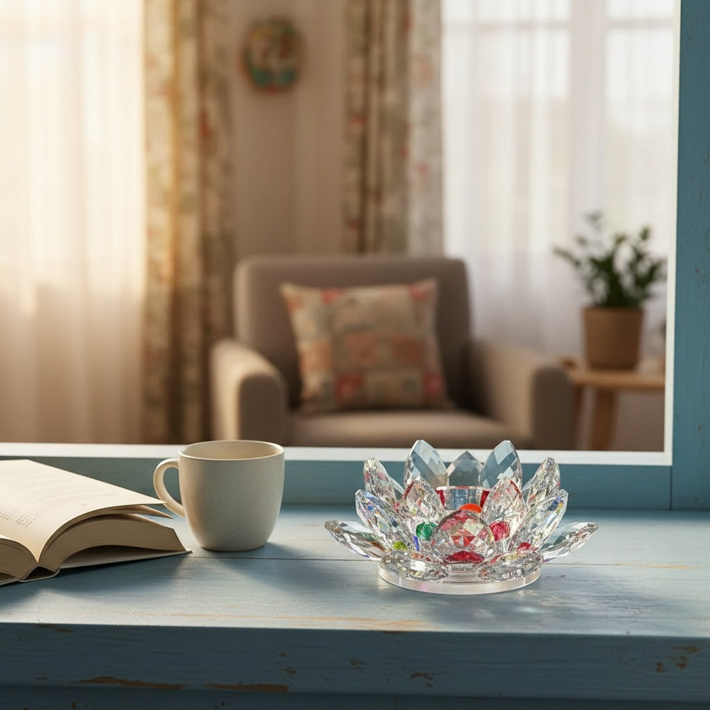 The Flair Store™ Multicolor Crystal Lotus Fengshui for Positive Energy, Glass Kamal Flower for Vaastu, Love, Harmony