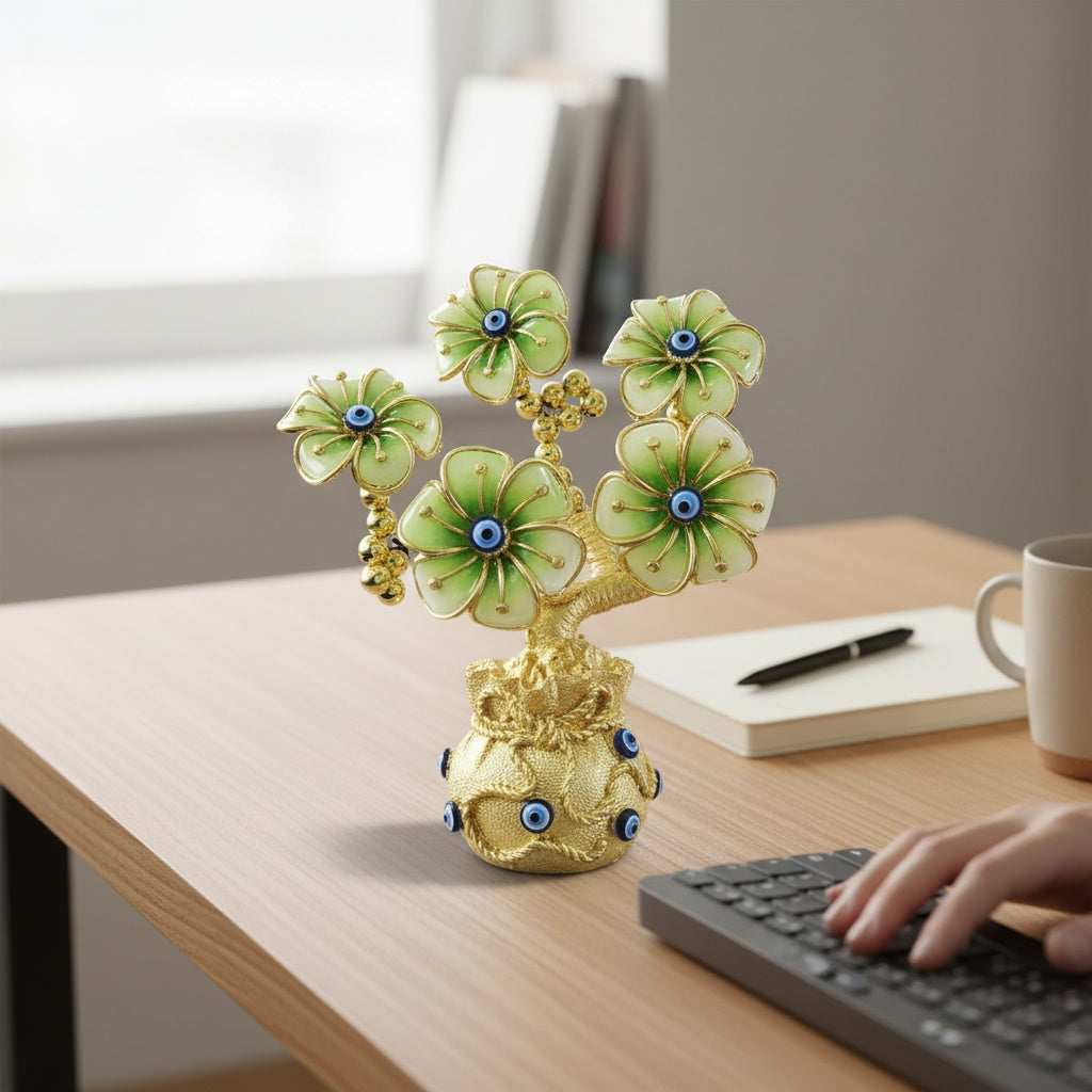 The Flair Store™ Evil Eye Flowers Tree with Money Bag, Fengshui for Positive Energy, Najar Suraksha for Vaastu, Love Prosperity, Peace