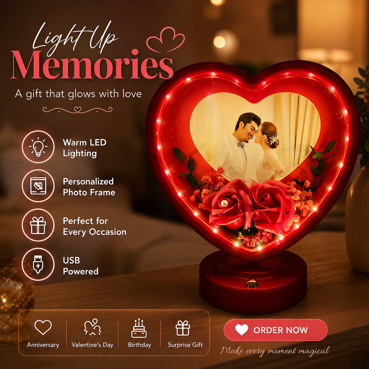 Personalized Heart Shape LED Photo Frame | Custom Romantic Gift (Red)