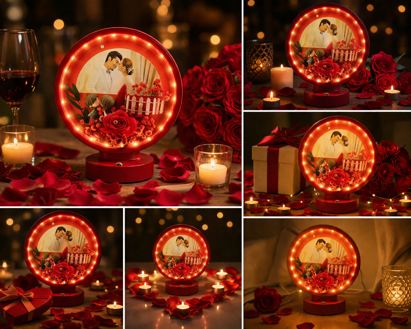 Romantic Round LED Photo Frame  | Customizable Photo Lamp for gift (Red)