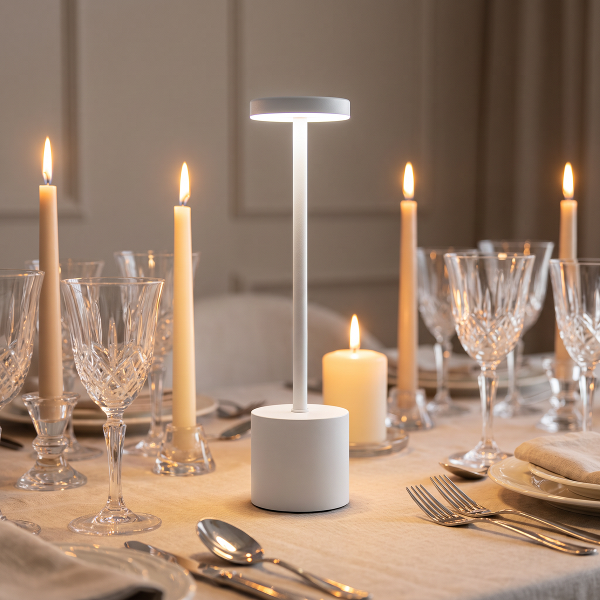 The Flair Store™ Round Stand LED Metal Table Lamp with Touch Control | Rechargeable Wireless Desk Lamp | Dimmable Warm Light (White)