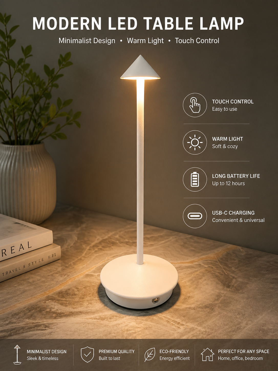 The Flair Store™ Pointed table LED Table Lamp - White - Touch Control, Warm Light, Cordless Modern Bedside & Dining Lamp