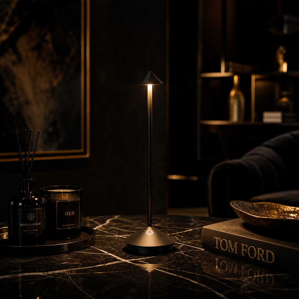The Flair Store™ Pointed table LED Table Lamp - Black - Touch Control, Warm Light, Cordless Modern Bedside & Dining Lamp