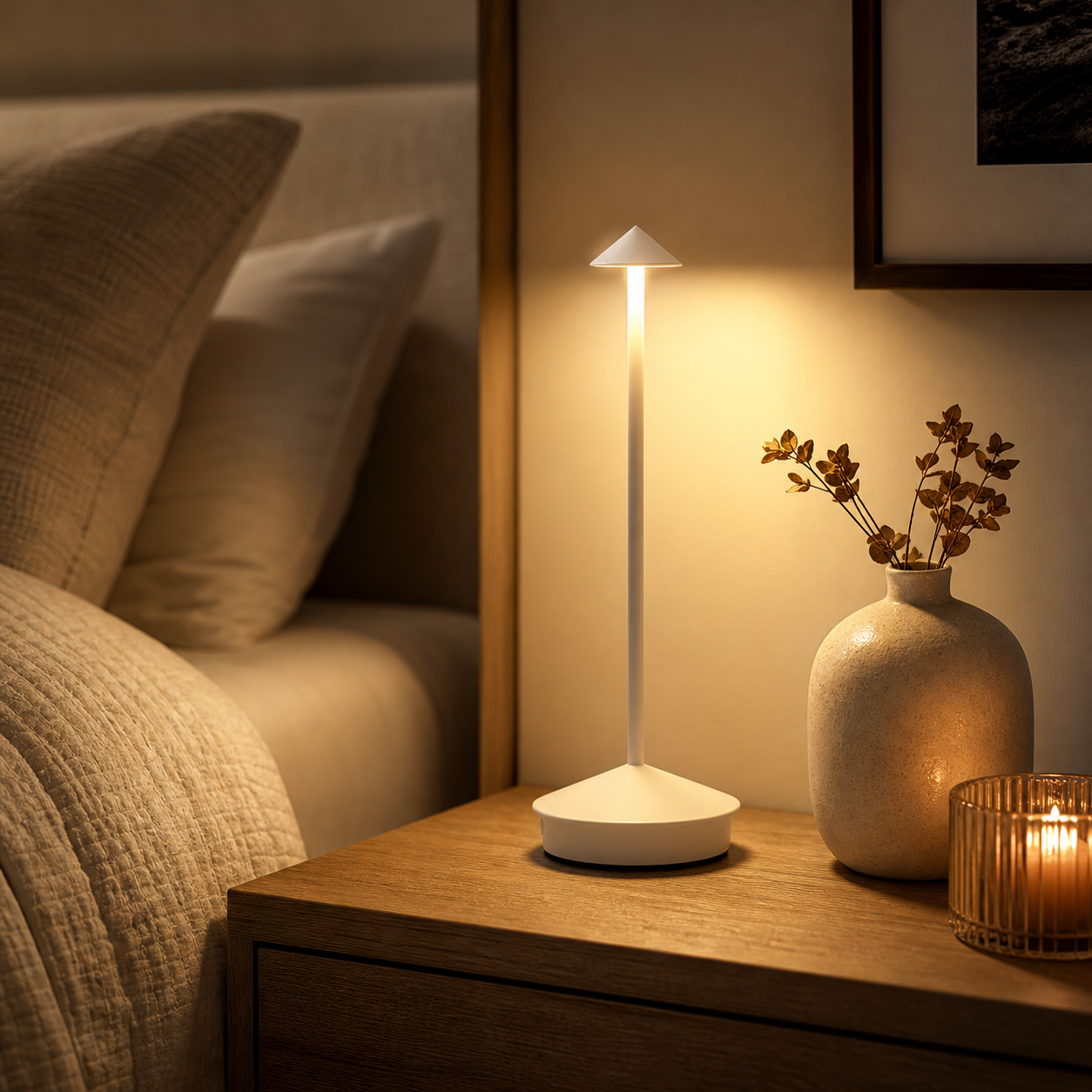 The Flair Store™ Pointed table LED Table Lamp - White - Touch Control, Warm Light, Cordless Modern Bedside & Dining Lamp
