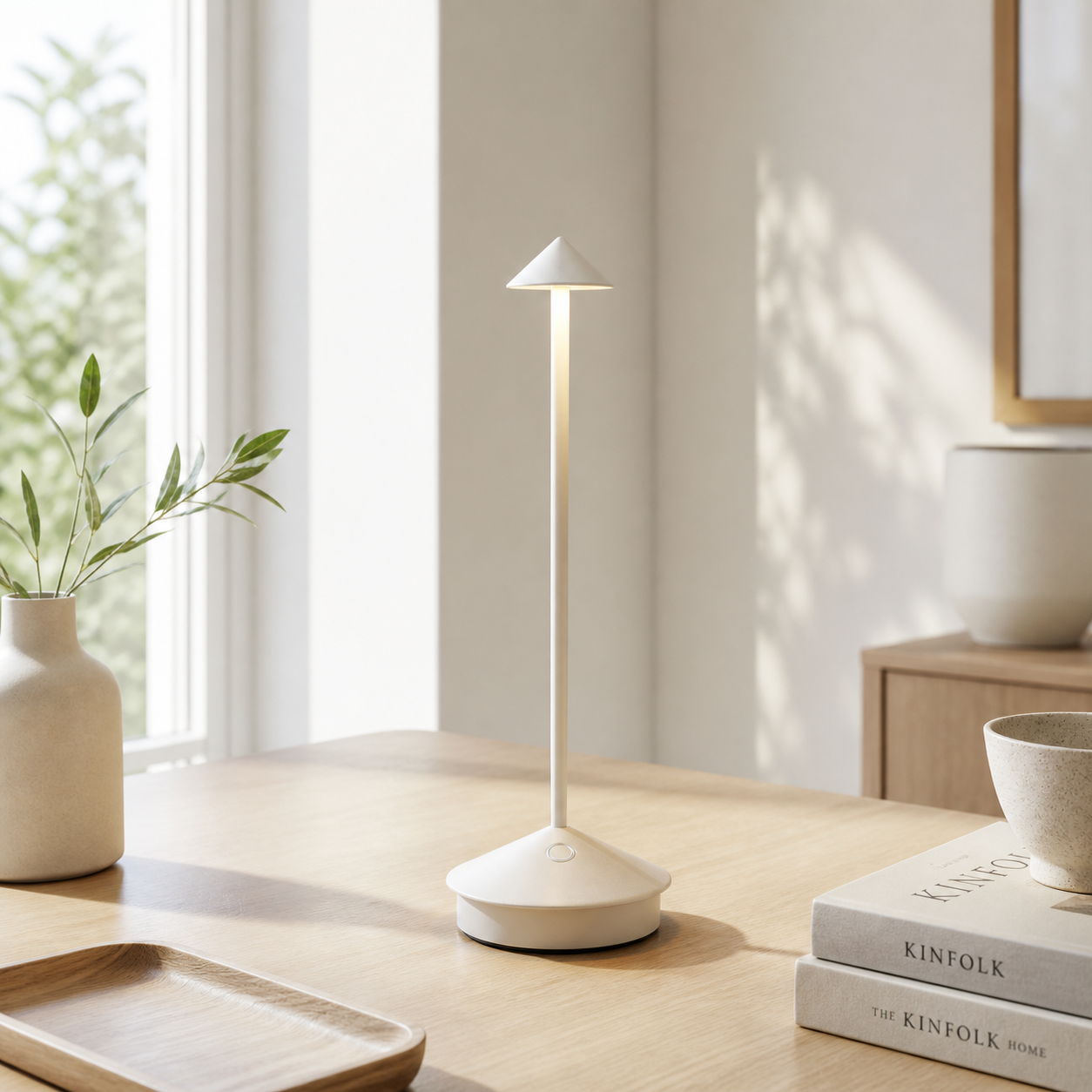 The Flair Store™ Pointed table LED Table Lamp - White - Touch Control, Warm Light, Cordless Modern Bedside & Dining Lamp