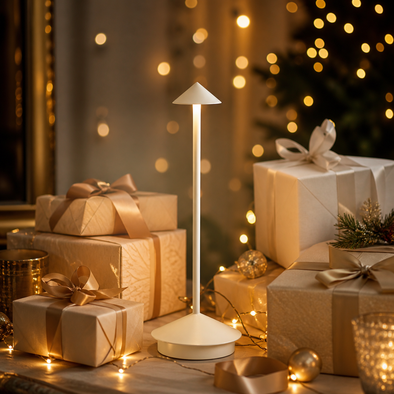 The Flair Store™ Pointed table LED Table Lamp - White - Touch Control, Warm Light, Cordless Modern Bedside & Dining Lamp