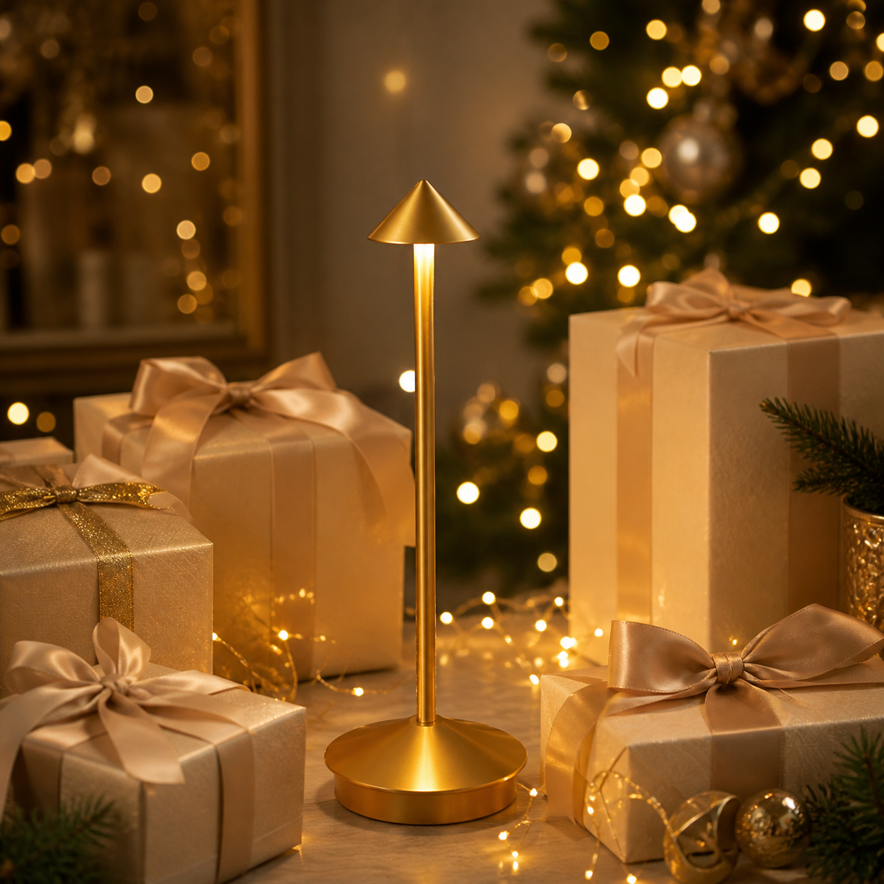 The Flair Store™ Pointed table LED Table Lamp - Gold - Touch Control, Warm Light, Cordless Modern Bedside & Dining Lamp
