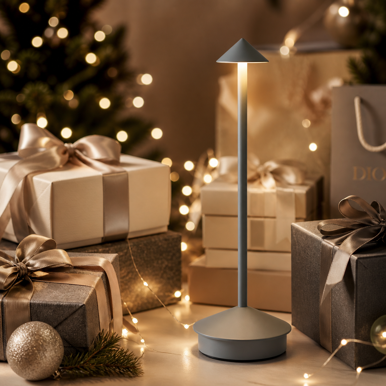 The Flair Store™ Pointed table LED Table Lamp - Grey - Touch Control, Warm Light, Cordless Modern Bedside & Dining Lamp