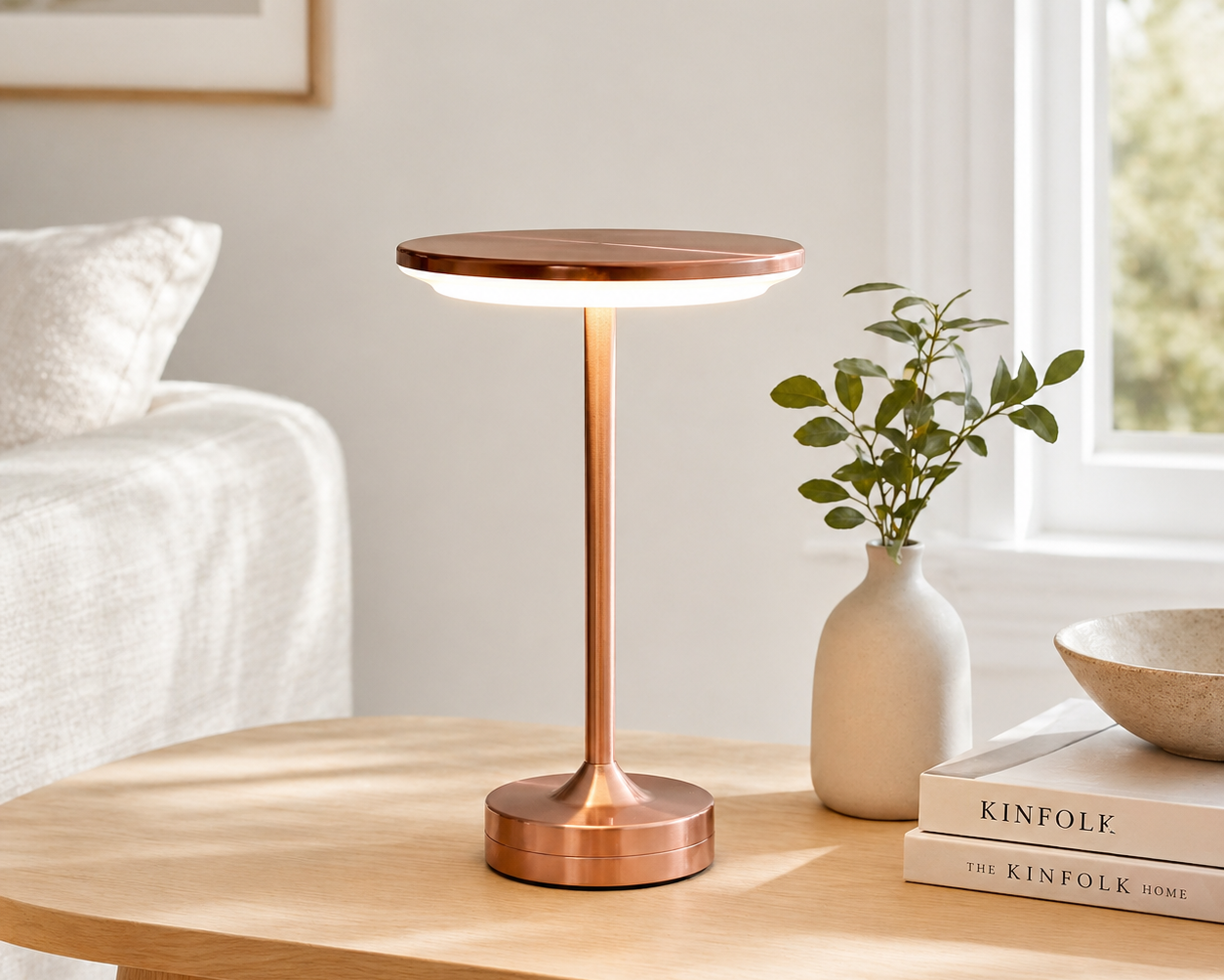 The Flair Store™ Flat Dumbbell Rechargeable Table Lamp Rose gold, Warm LED, Touch Control, for Bedroom, Dining, Café