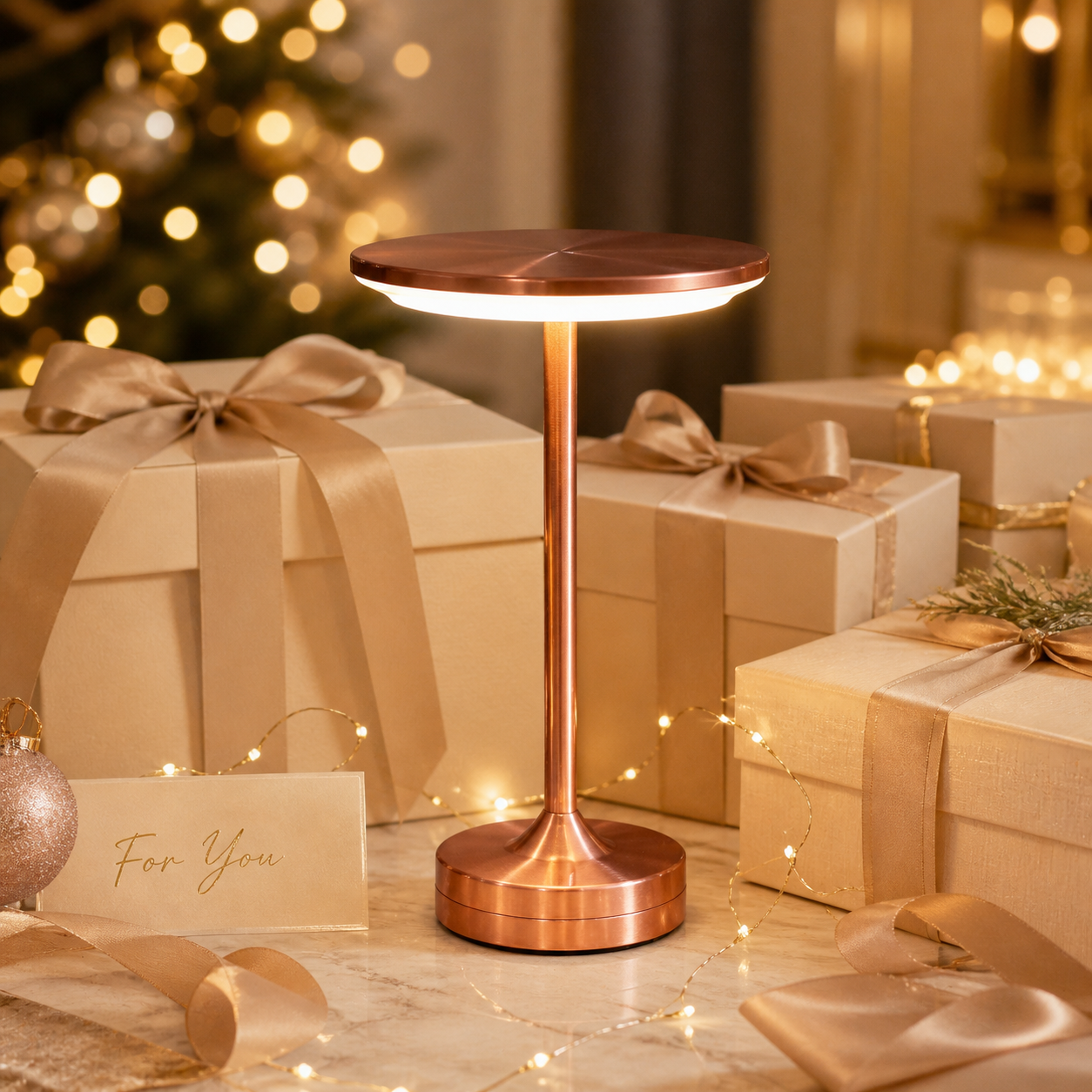 The Flair Store™ Flat Dumbbell Rechargeable Table Lamp Rose gold, Warm LED, Touch Control, for Bedroom, Dining, Café