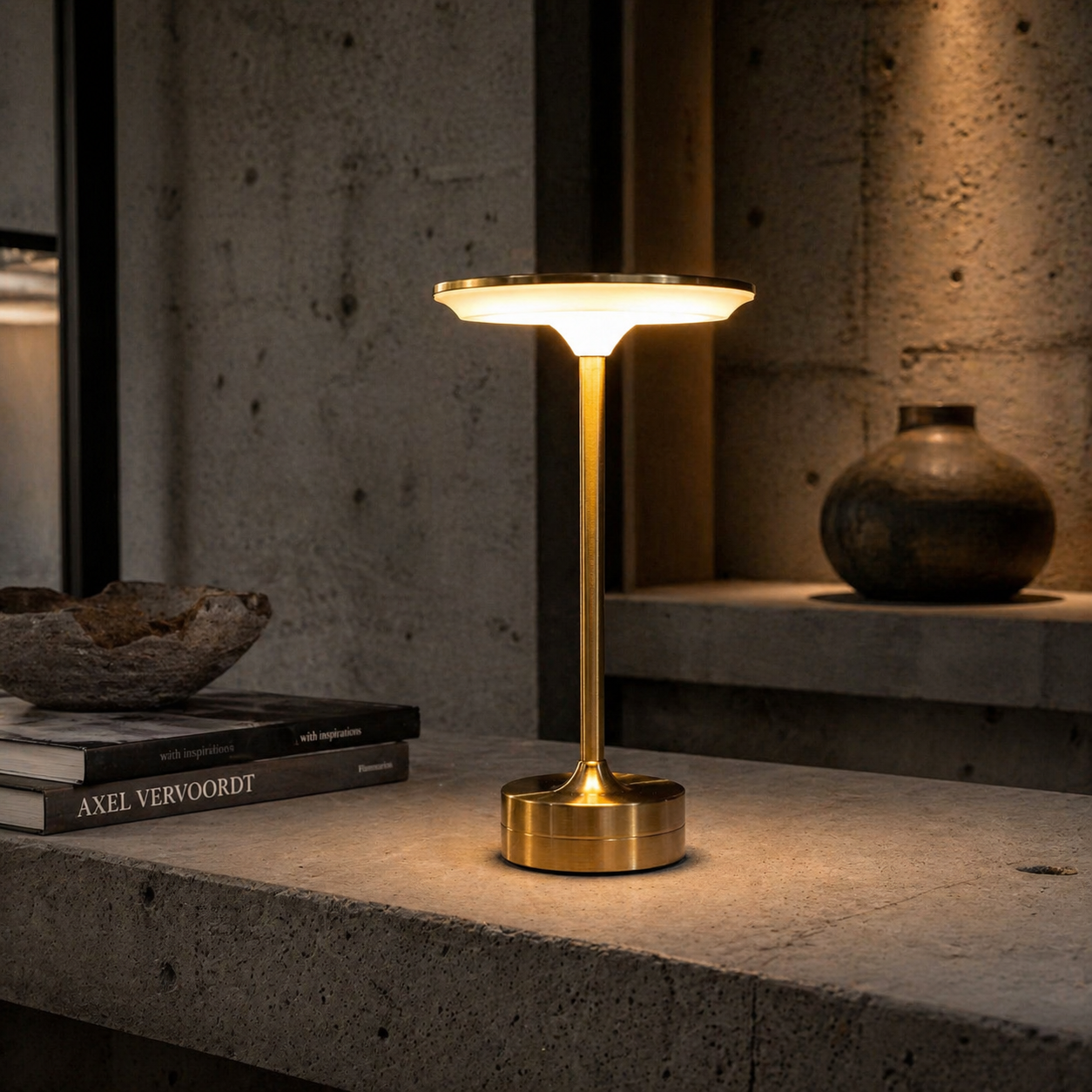 The Flair Store™ Flat Dumbbell Rechargeable Table Lamp gold, Warm LED, Touch Control, for Bedroom, Dining, Café