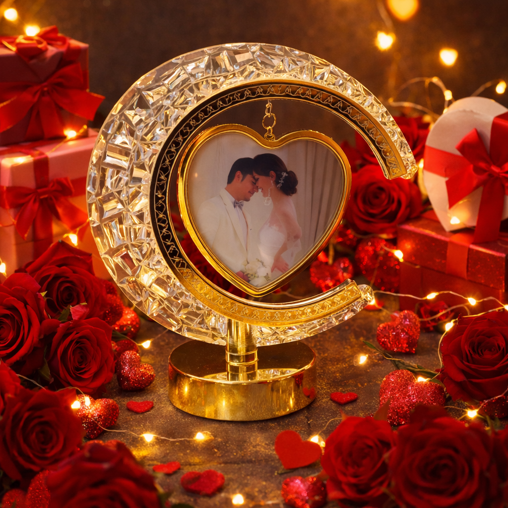 The Flair Store™ Half Moon Crystal LED Light  with Heart Shape Photo Frame| Valentines Gift| Anniversary Gift | 3Level Brightness | USB Powered | Touch Control.
