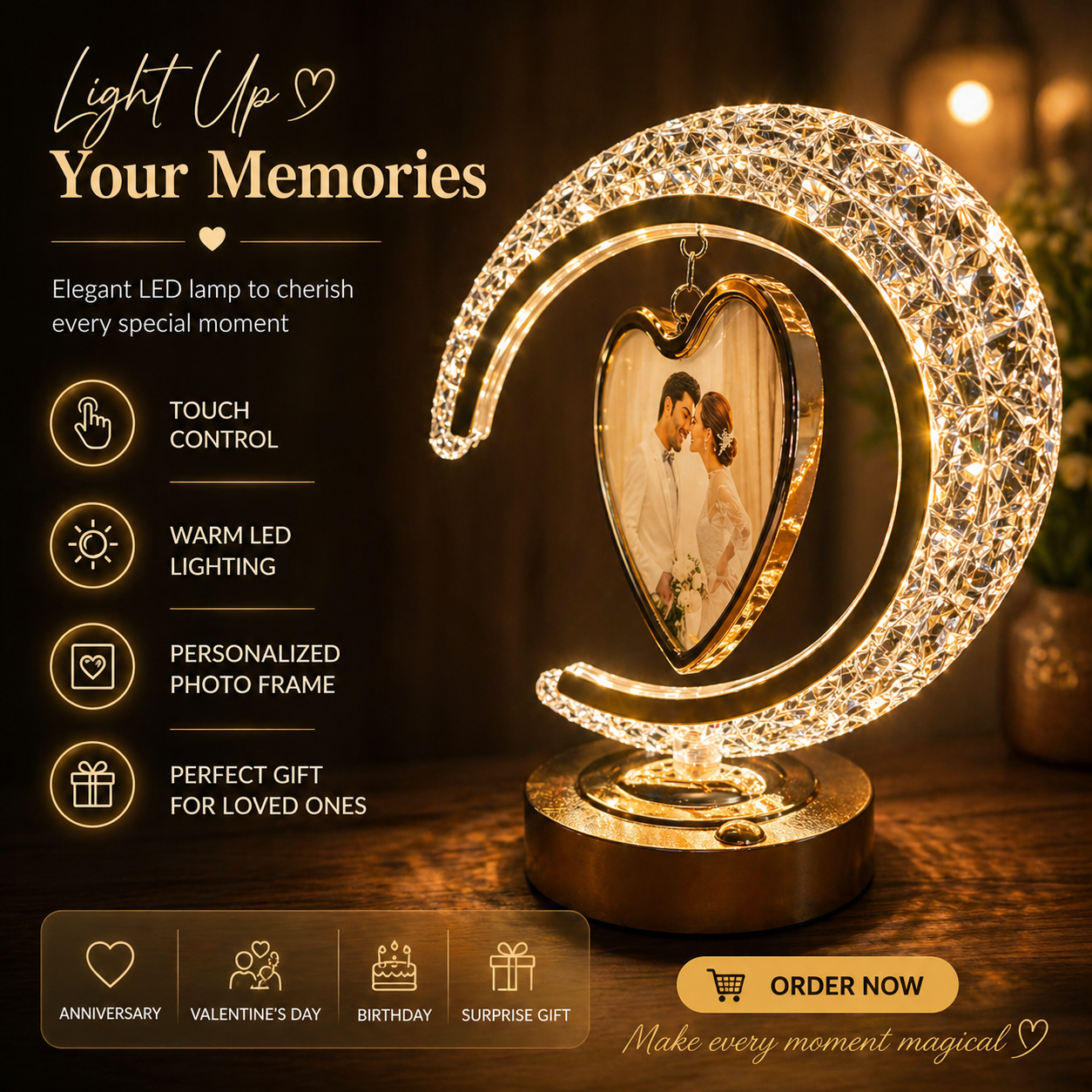 The Flair Store™ Half Moon Crystal LED Light  with Heart Shape Photo Frame| Valentines Gift| Anniversary Gift | 3Level Brightness | USB Powered | Touch Control.