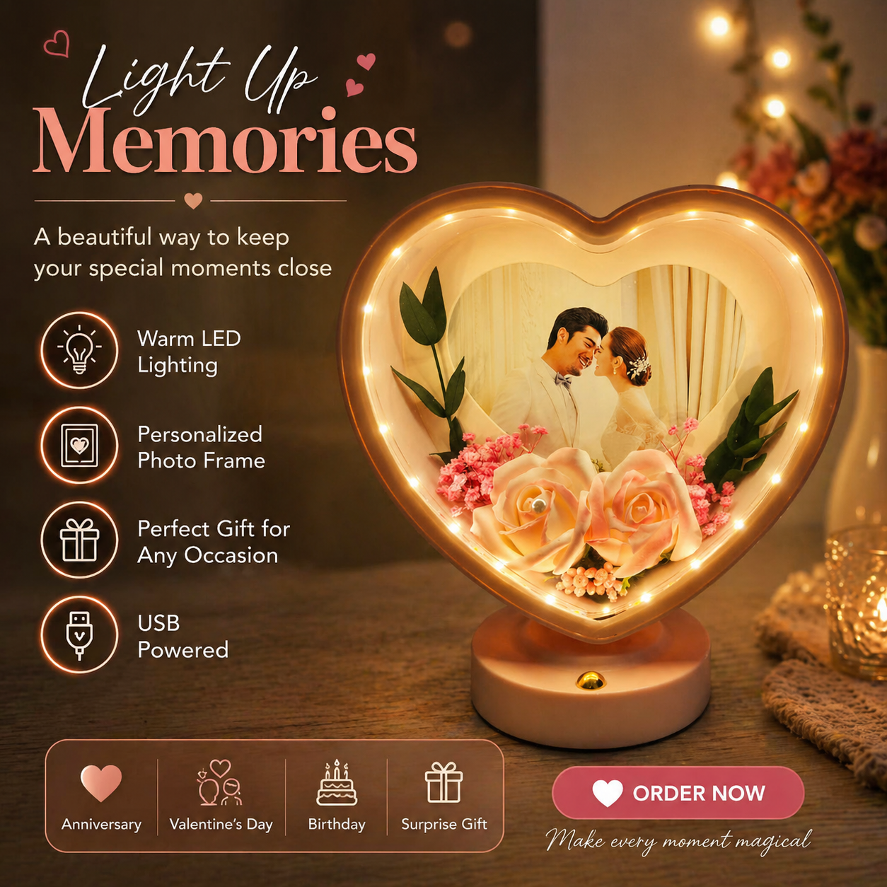 Personalized Heart Shape LED Photo Frame | Customizable Romantic Gift