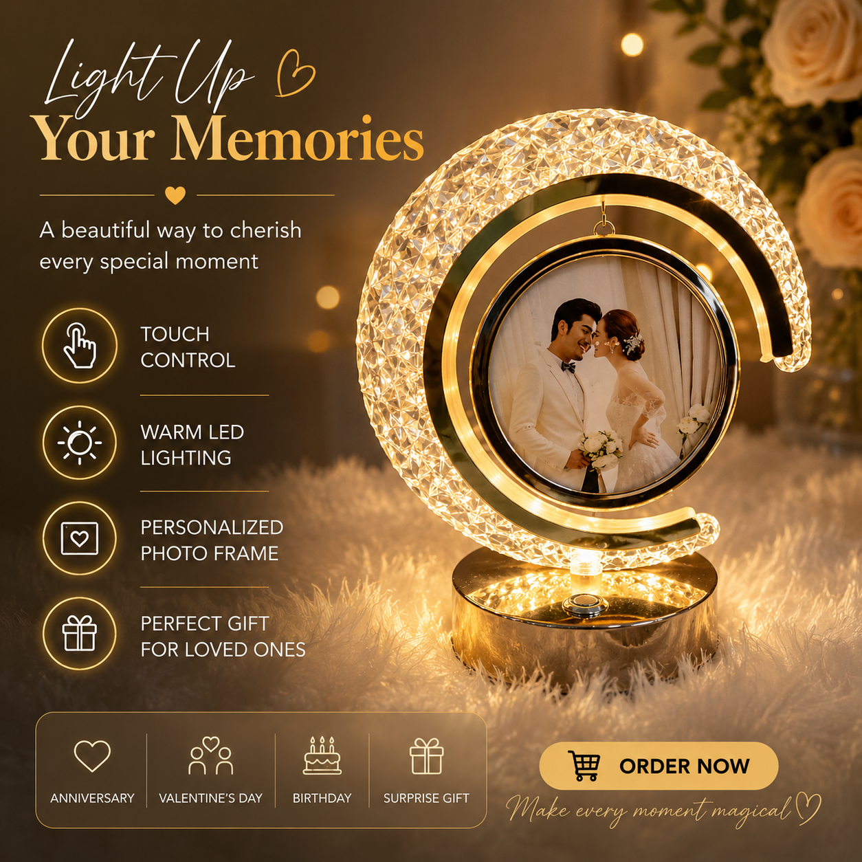 The Flair Store™ Half Moon Crystal LED Light with Round Shape Photo Frame