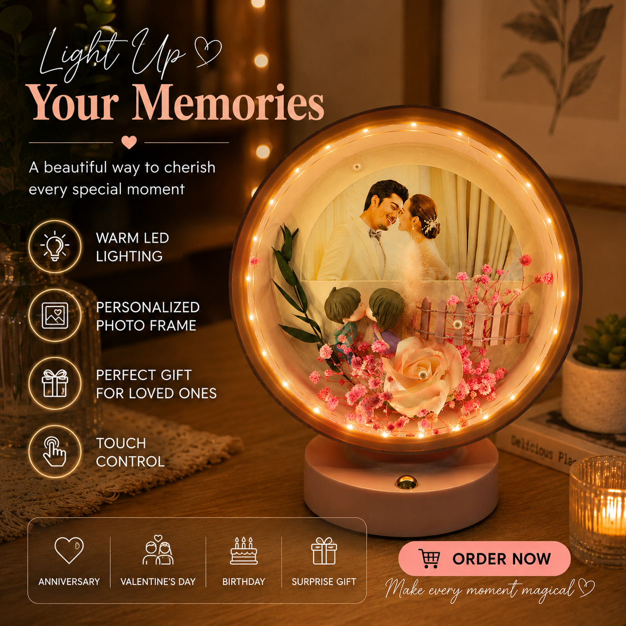 Personalized Round LED Photo Frame | Romantic Custom Photo Lamp