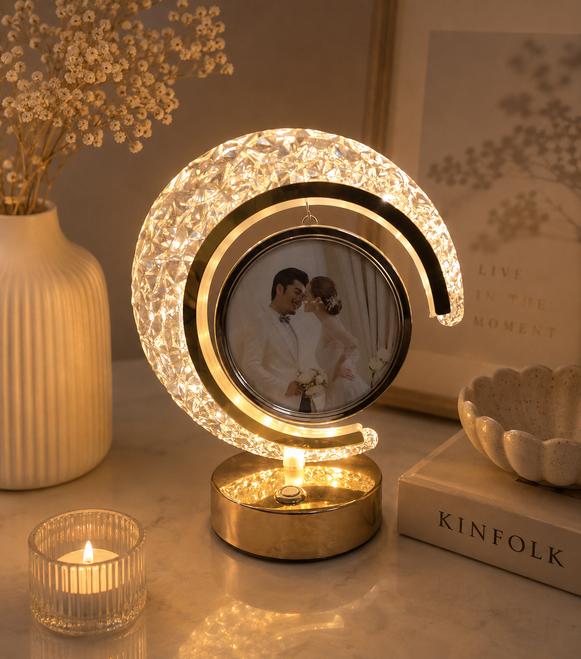 The Flair Store™ Half Moon Crystal LED Light with Round Shape Photo Frame