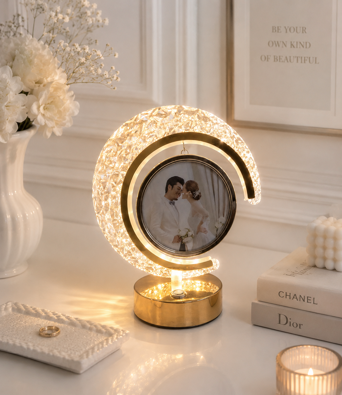 The Flair Store™ Half Moon Crystal LED Light with Round Shape Photo Frame