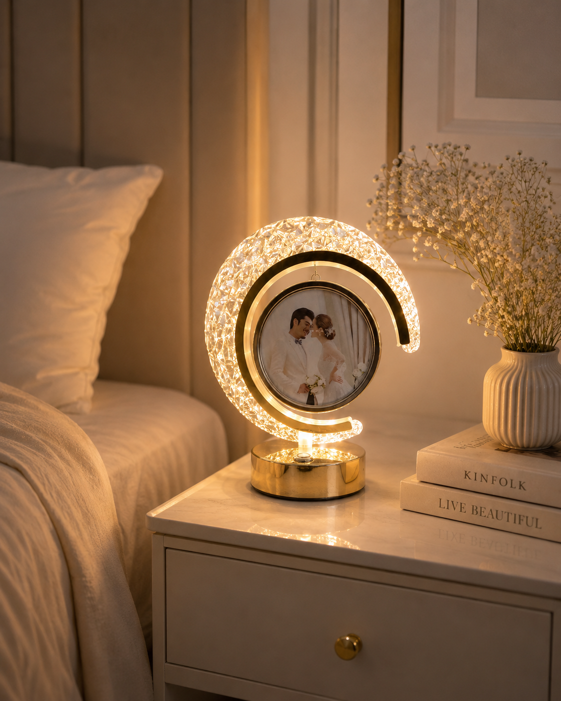 The Flair Store™ Half Moon Crystal LED Light with Round Shape Photo Frame