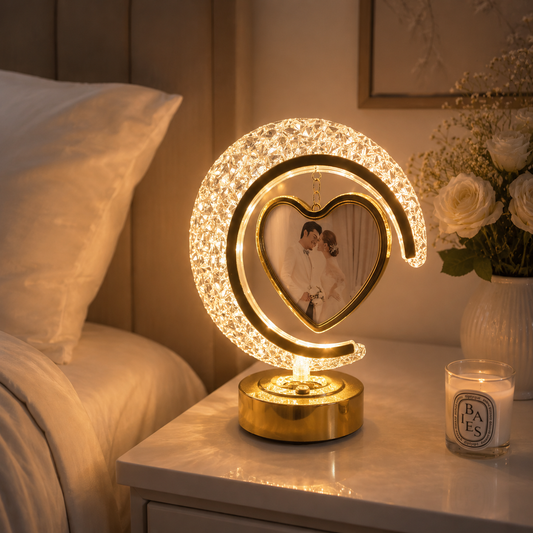 The Flair Store™ Half Moon Crystal LED Light  with Heart Shape Photo Frame| Valentines Gift| Anniversary Gift | 3Level Brightness | USB Powered | Touch Control.