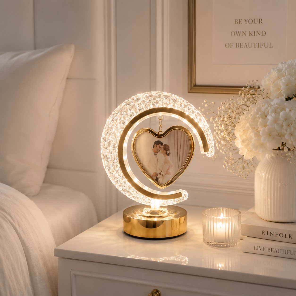 The Flair Store™ Half Moon Crystal LED Light  with Heart Shape Photo Frame| Valentines Gift| Anniversary Gift | 3Level Brightness | USB Powered | Touch Control.