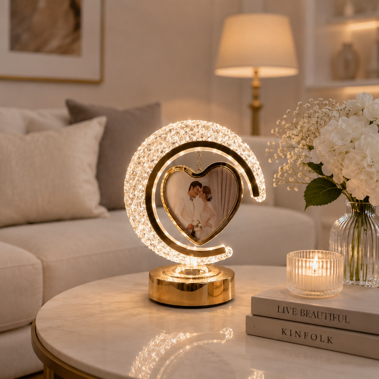 The Flair Store™ Half Moon Crystal LED Light  with Heart Shape Photo Frame| Valentines Gift| Anniversary Gift | 3Level Brightness | USB Powered | Touch Control.