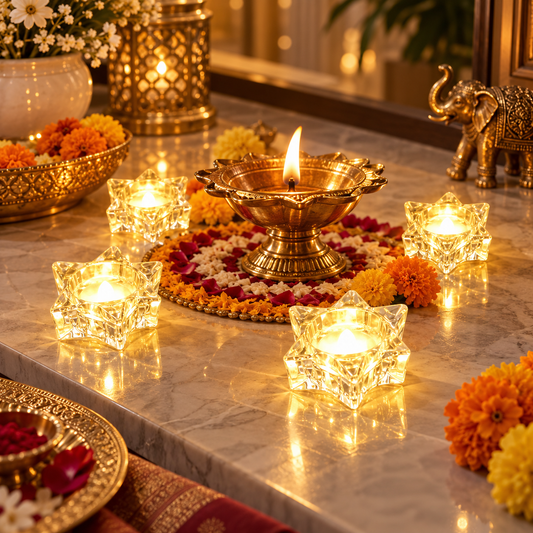 Crystal Star shaped LED Diya - Battery Operated Candles for Diwali, Navaratri, Christmas