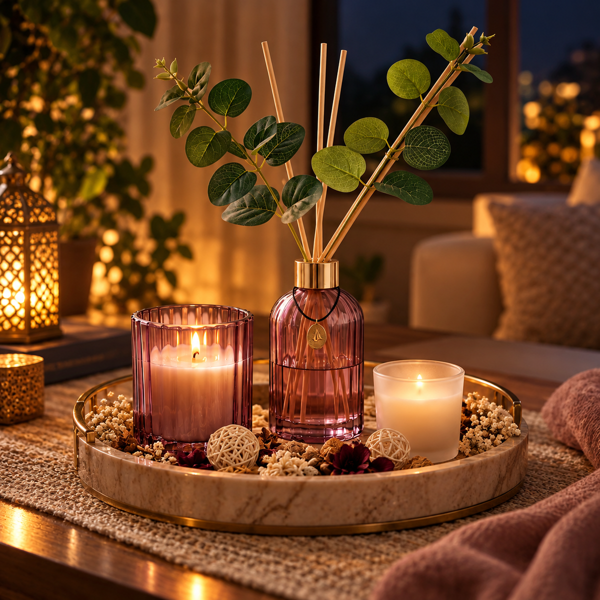 Luxury Candle & Reed Diffuser Décor Set with Wooden Tray (Set of 4)