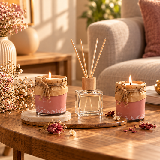 Luxury Pink Candle & Reed Diffuser Set for Home Décor - Set of 3 Pieces