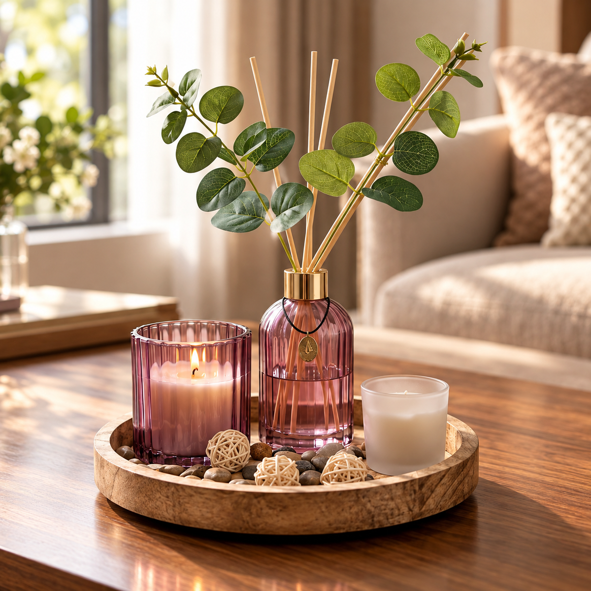 Luxury Candle & Reed Diffuser Décor Set with Wooden Tray (Set of 4)