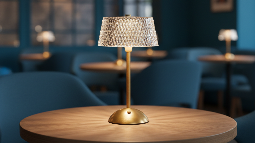 Decorative table lamp on a round wooden table in a dimly lit room with blue walls and chairs.