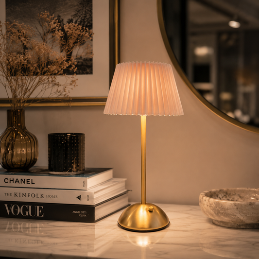 The Flair Store™ Modern Minimalist Table Lamp with Fabric Shade – Warm Ambient Bedside & Café Light (Pink)
