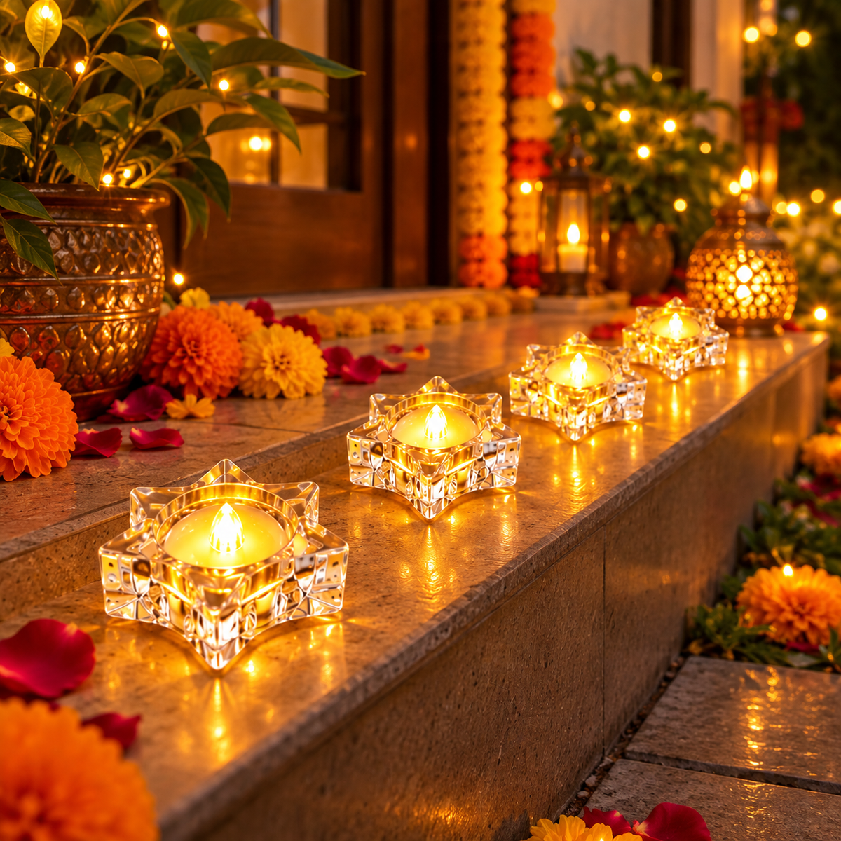 Crystal Star shaped LED Diya - Battery Operated Candles for Diwali, Navaratri, Christmas